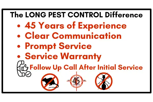 Pest control company difference featuring 45 years of experience, clear communication, prompt service, warranty, and follow-up