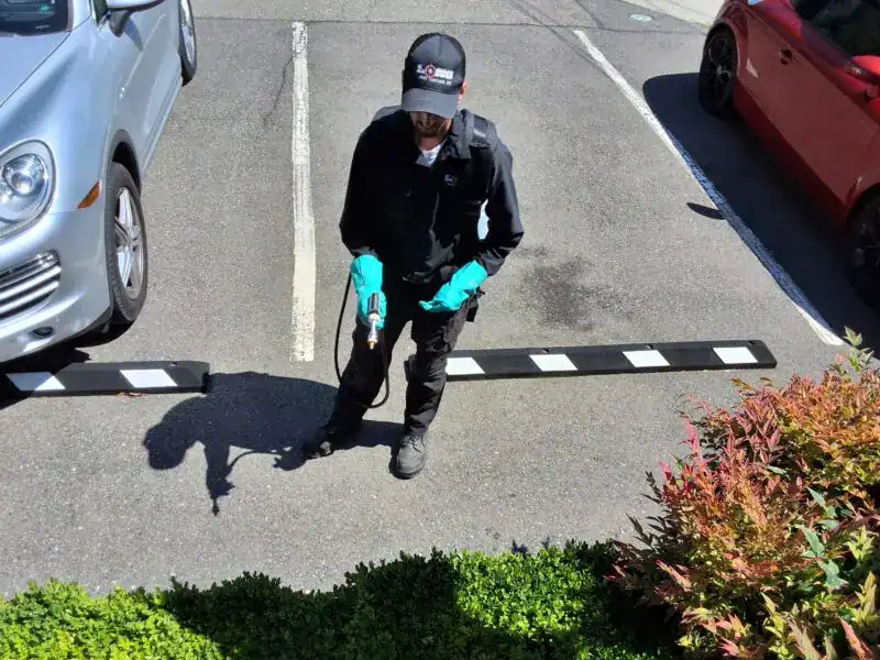 Professional pest control technician performing pest treatment outdoors